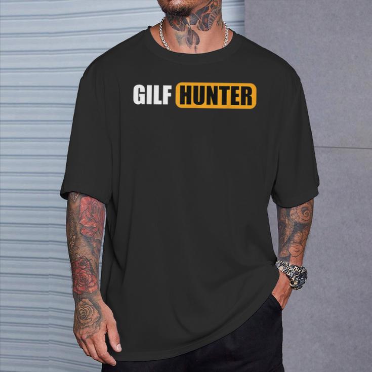 GILF Hunter Schwarzes T-Shirt, Lustiges Design in Gelb und Weiß Geschenke für Ihn