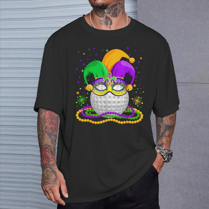 Golf Wearing Jester Hat Masked Beads Mardi Gras Player T-Shirt Gifts for Him