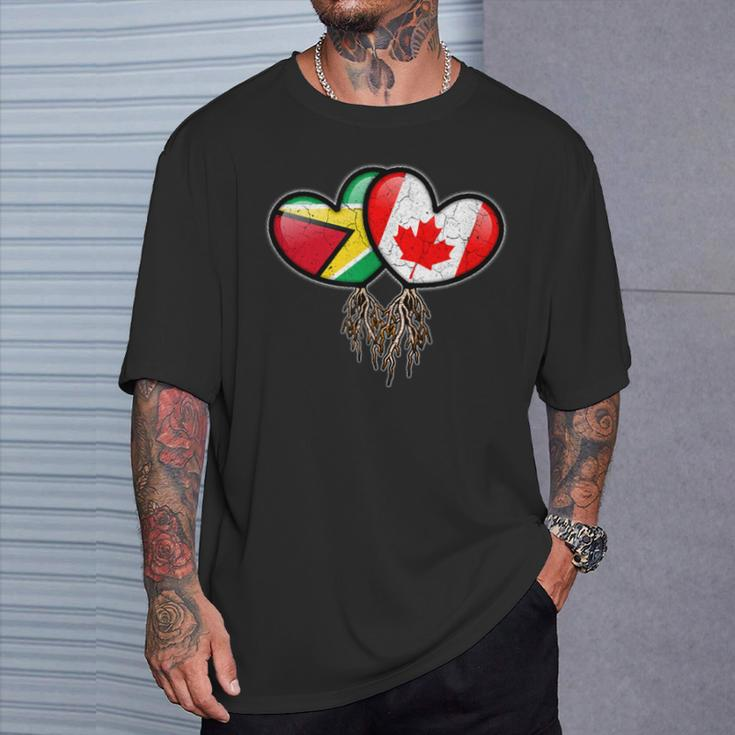 Guyanese Canadian Flags Inside Hearts With Roots T-Shirt Gifts for Him