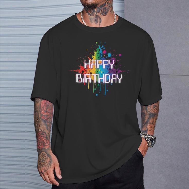 Happy Birthday Regenbogenfarbe Splash Neon Rot Orange Blau Top T-Shirt Geschenke für Ihn