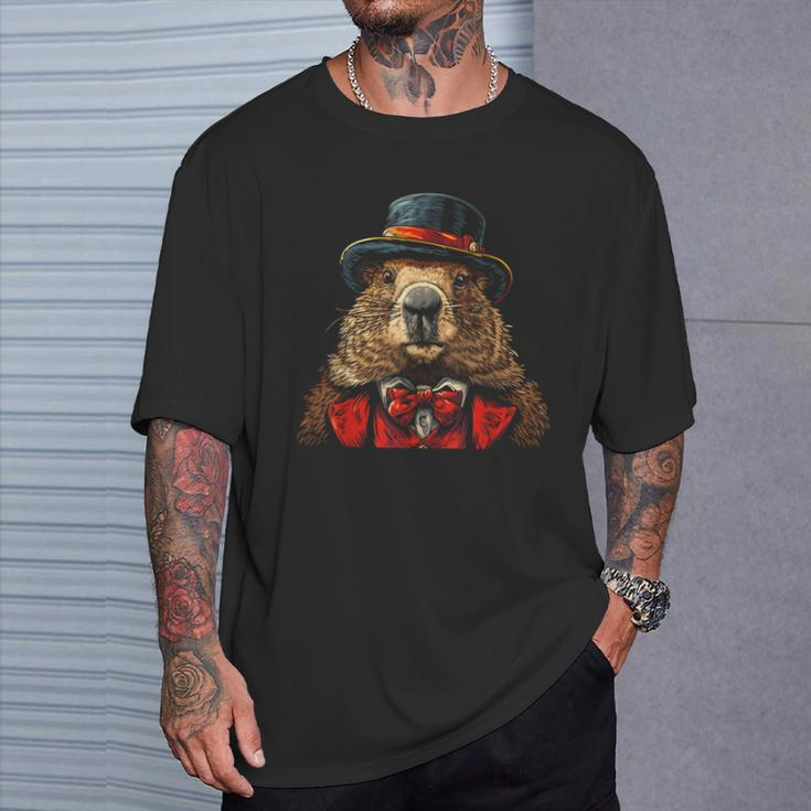 Happy Groundhog Day Ground Hog With Hat Animal Lover T-Shirt Gifts for Him