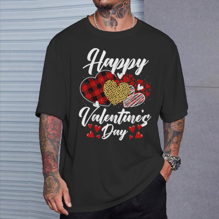 Happy Valentine's Day Hearts With Leopard Plaid Valentine T-Shirt Gifts for Him