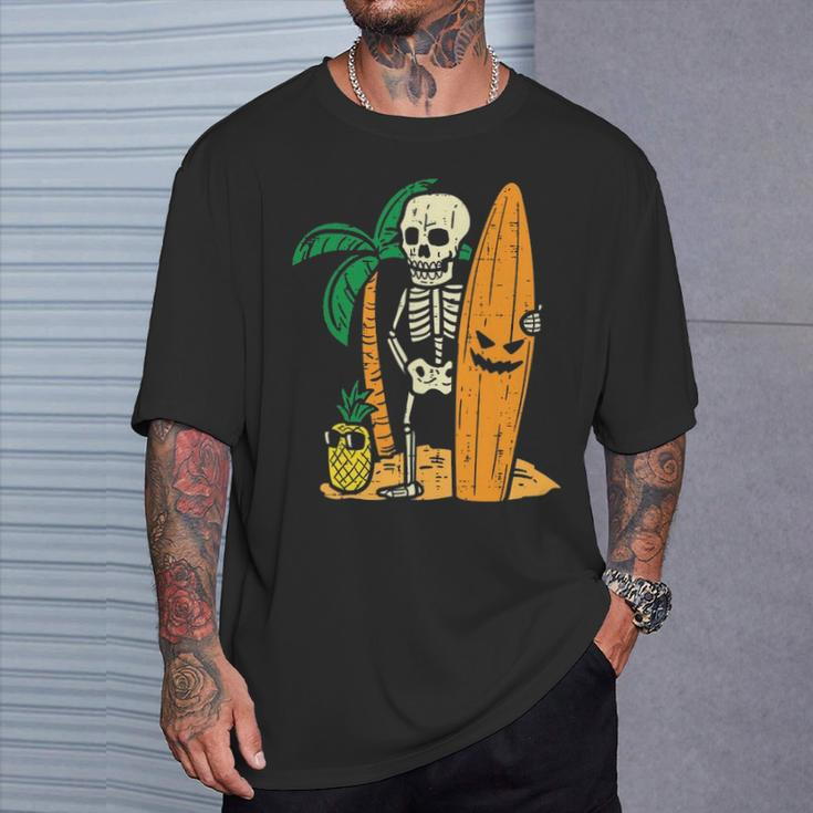 Hawaii Surfer Skeleton Cool Chill Halloween Beach T-Shirt Gifts for Him