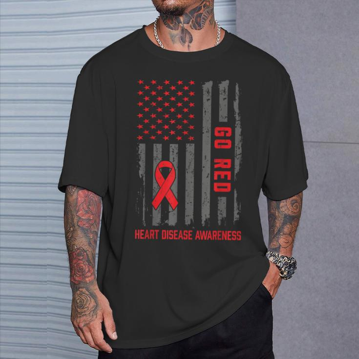 Heart Disease American Flag Go Red Heart Disease Awareness T-Shirt Gifts for Him