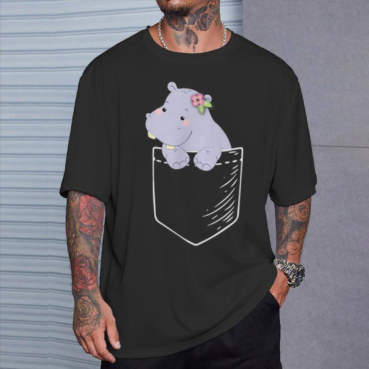 Hippopotamus in Tasche Schwarzes T-Shirt, Lustiges Tiermotiv Tee Geschenke für Ihn