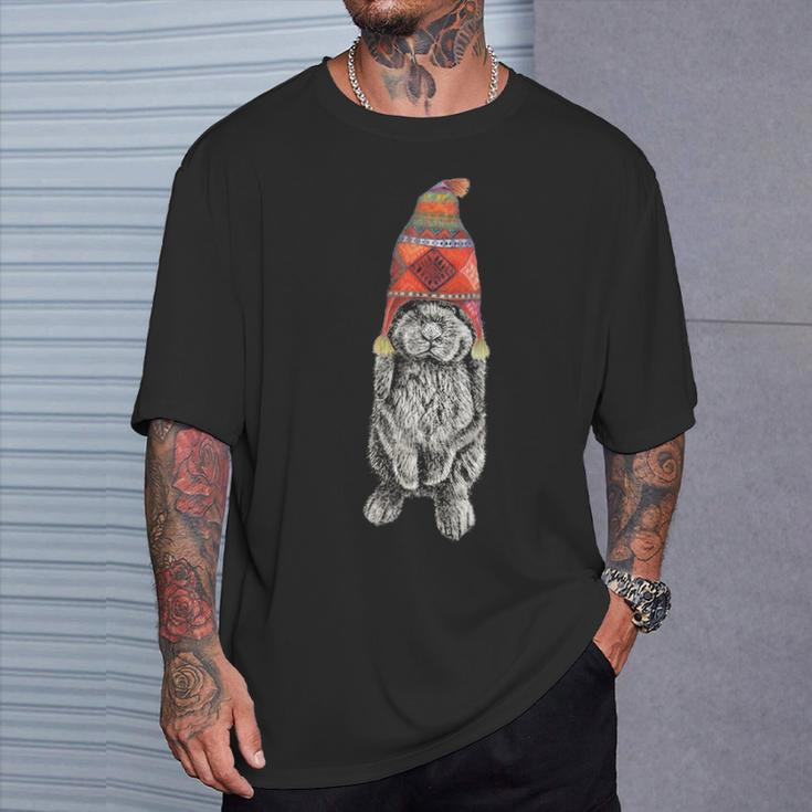 Hipster Lop Eared Bunny Rabbit Wearing Winter Peruvian Hat T-Shirt Gifts for Him