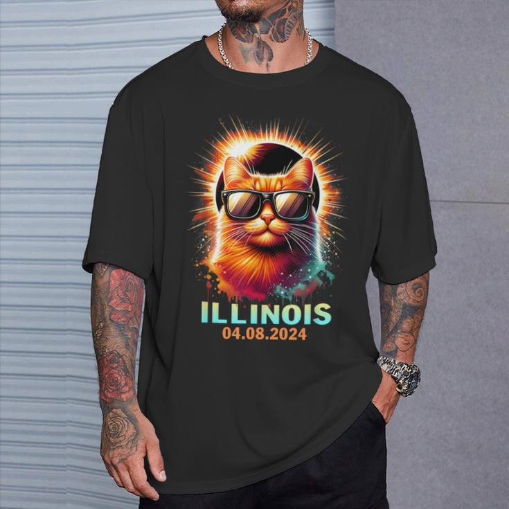 Illinois Total Solar Eclipse 2024 Cat Wearing Glasses T-Shirt Gifts for Him