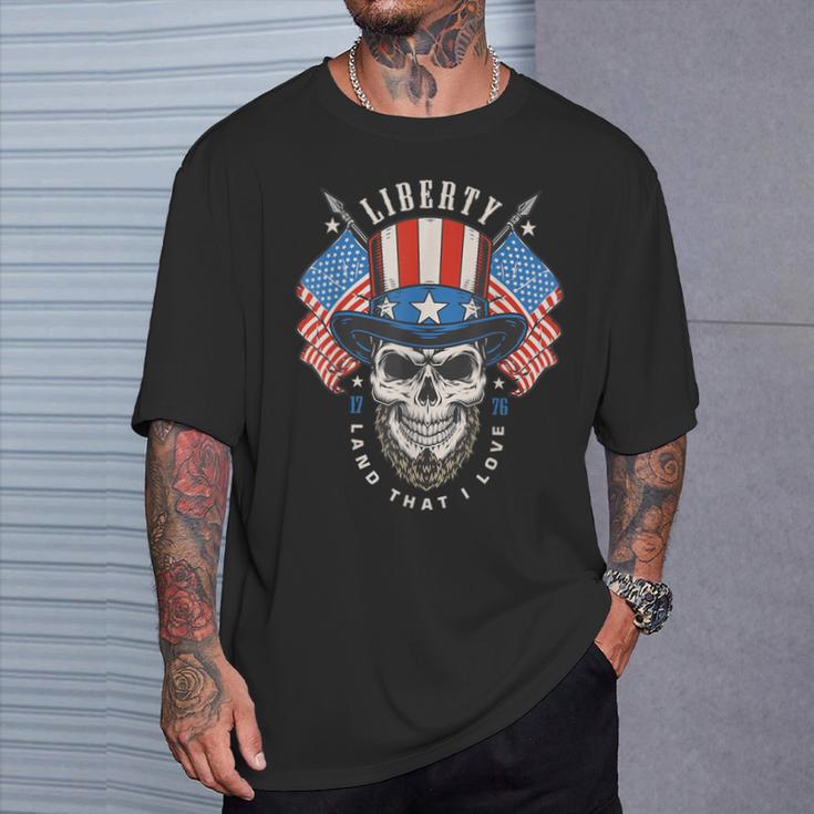 Independence Day 4Th July Usa Flag America Liberty Skull T-Shirt Gifts for Him