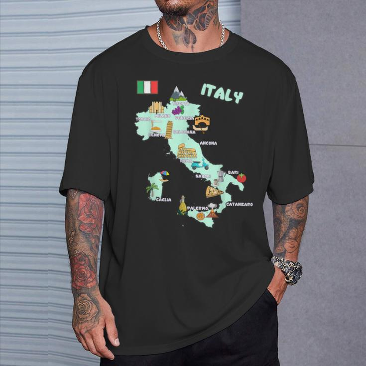 Italy Map Italian Landmarks Hand Drawn Symbols Cities Flag T-Shirt Gifts for Him