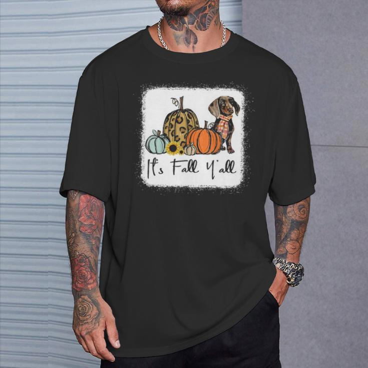 It's Fall Y'all Yellow Dachshund Dog Leopard Pumpkin Falling T-Shirt Gifts for Him