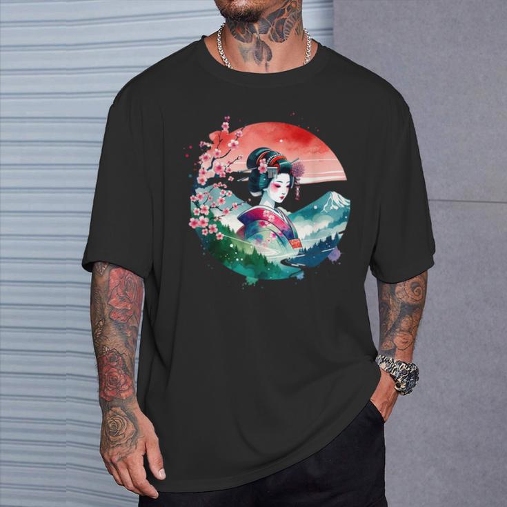 Japan Traditionell Landschaft Geisha Kirschblüte Retro Anime T-Shirt Geschenke für Ihn