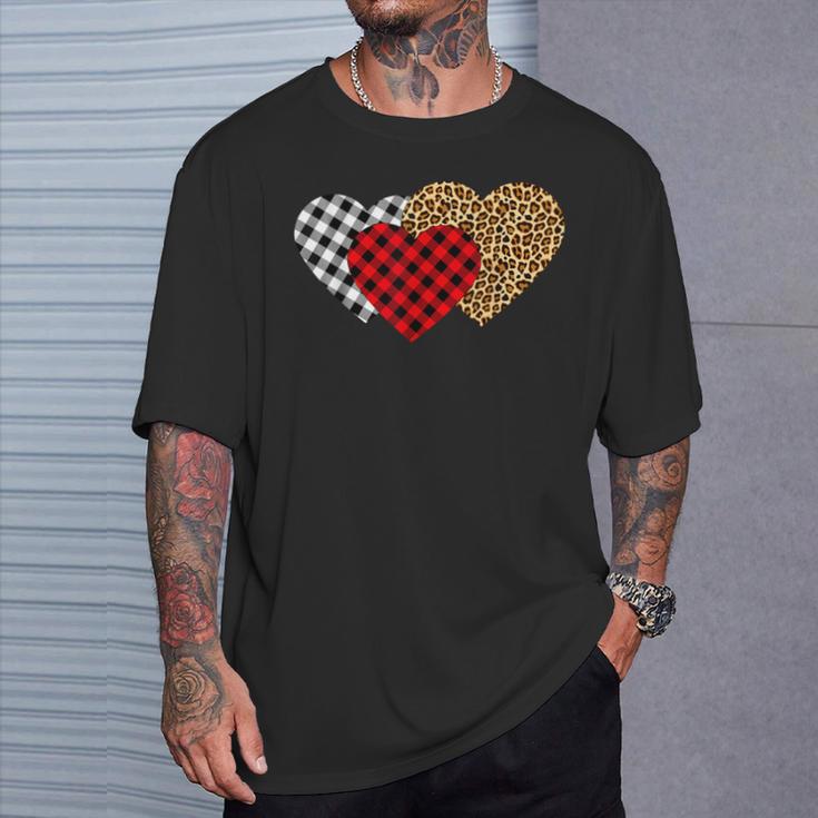 Leopard Heart Buffalo Plaid Heart Valentine Day T-Shirt Gifts for Him