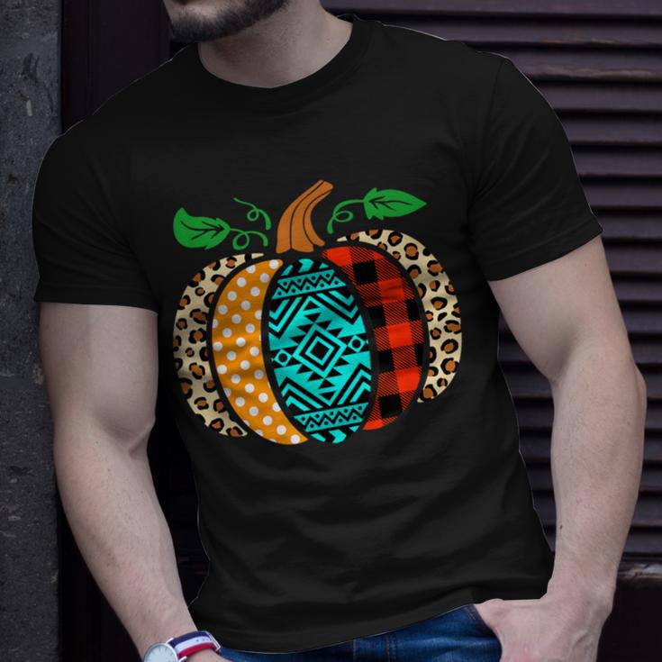 Leopard Print Pumpkin Plaid Aztec Southwest Teal Pumpkin T-Shirt Gifts for Him