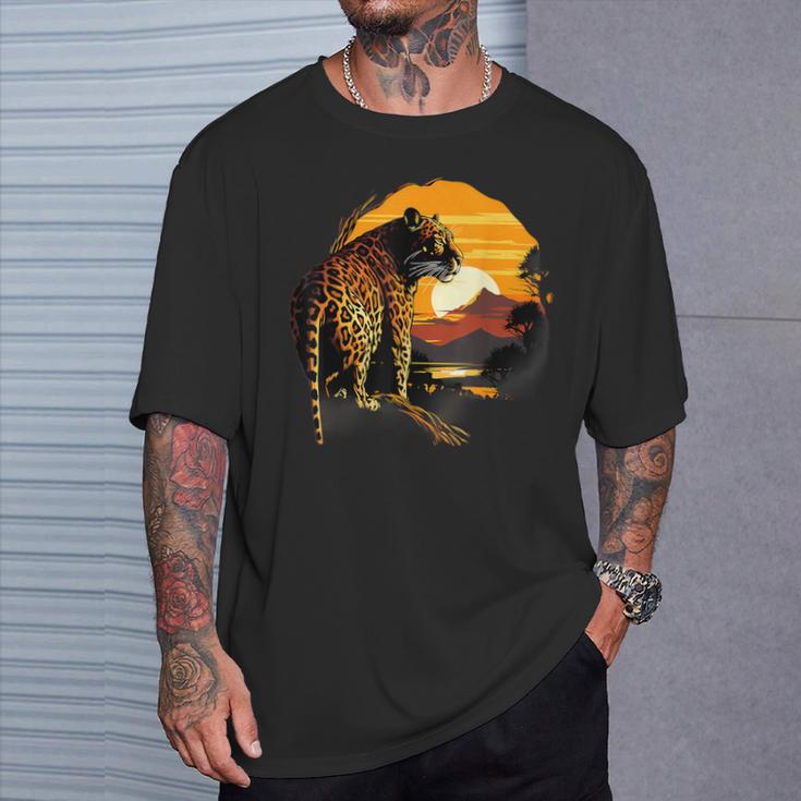 Leopard Savanne Sonnenuntergang Wildlife Safari Motiv Tierdruck T-Shirt Geschenke für Ihn