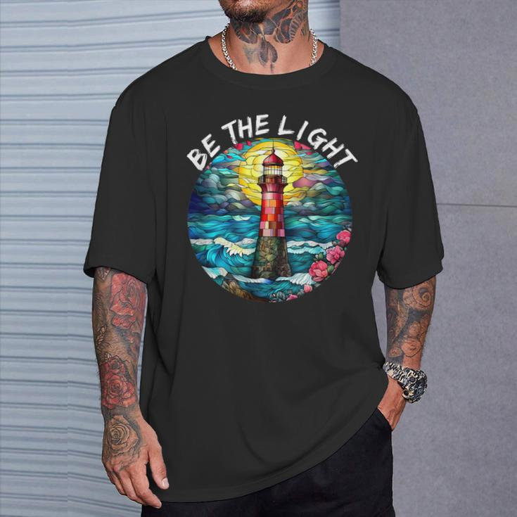 Be The Light Stained Glass Lighthouse Motivational Quote T-Shirt Gifts for Him