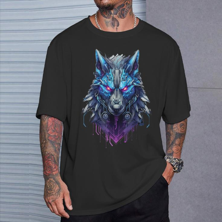 Lone Wolf Howl Futuristic Cyberpunk Wolf Head T-Shirt Gifts for Him