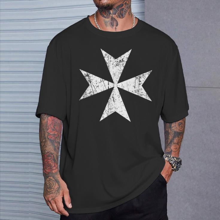 Maltese Cross Distressed White Print Malta Cross T-Shirt Gifts for Him