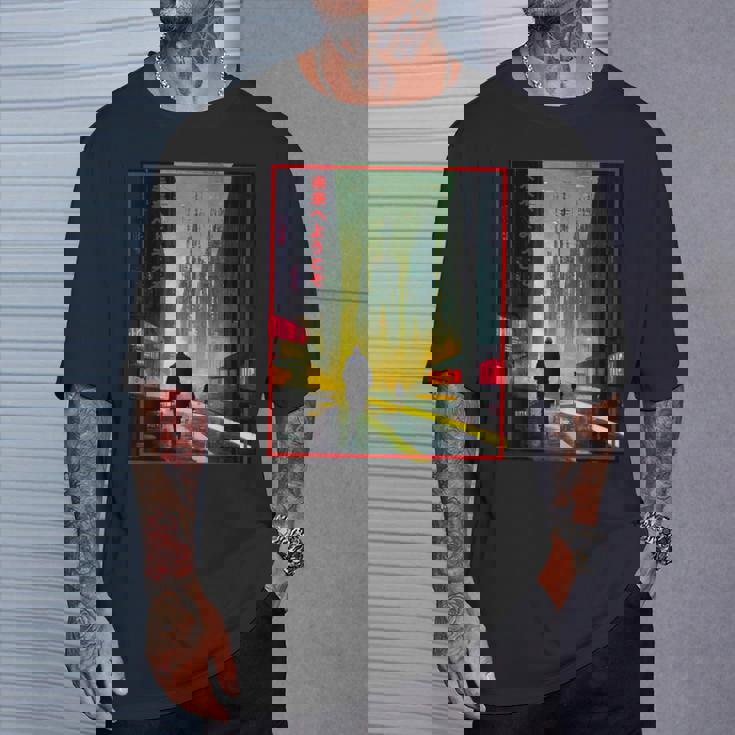 A Man Walks Cyberpunk City Japanese Text Futuristic Costume T-Shirt Gifts for Him