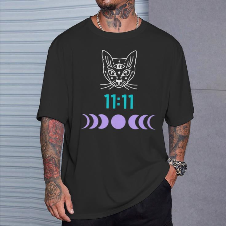 Manifestation Cat And Moon Phase 11 11 Eleven Eleven Purple T-Shirt Gifts for Him