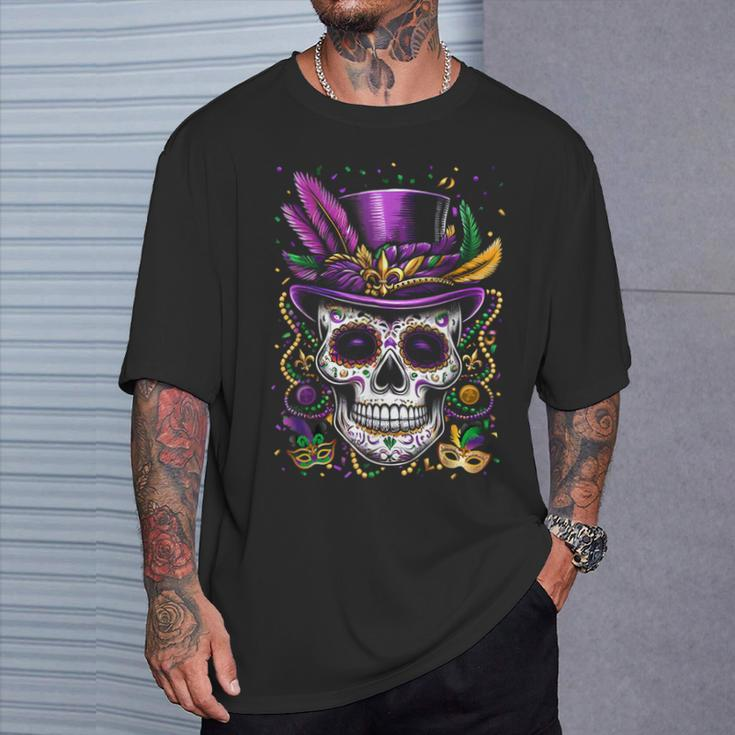 Mardi Gras Skull Top Hat Beads Mask New Orleans Louisiana T-Shirt Gifts for Him