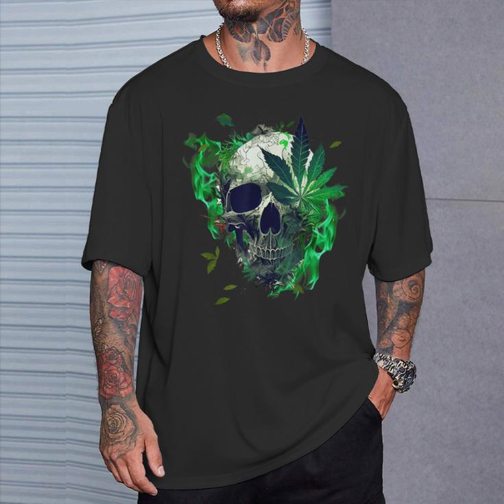 Marijuana Skull Smoke Weed Cannabis 420 Pot Leaf Sugar Skull T-Shirt Gifts for Him