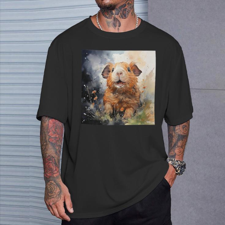 Meerschweinchen Blumen Aquarell Illustration Grafik T-Shirt Geschenke für Ihn