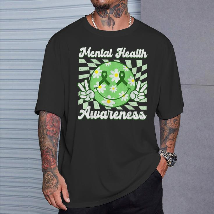 Mental Health Awareness Smile Face Checkered Green Ribbon T-Shirt Gifts for Him