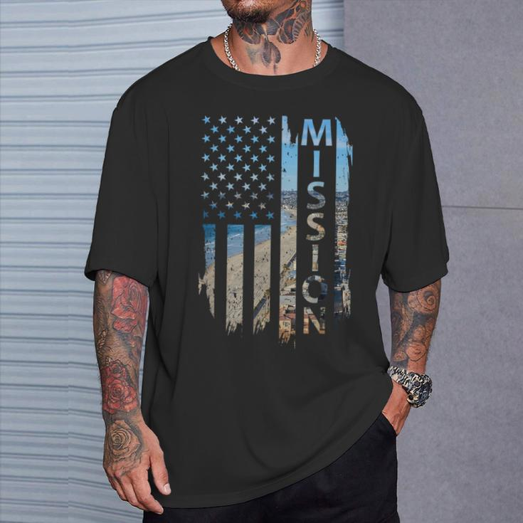 Mission Beach Summer Sunset American Flag Patriotic T-Shirt Gifts for Him