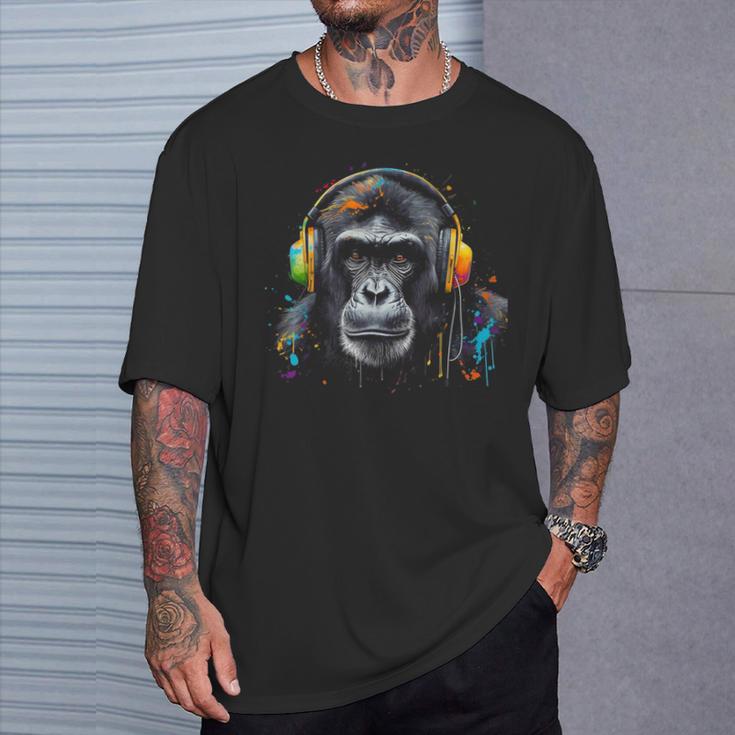 Mono Animal Música Arte Auriculares Colorido Animal Mono Camiseta unisex Regalos para él