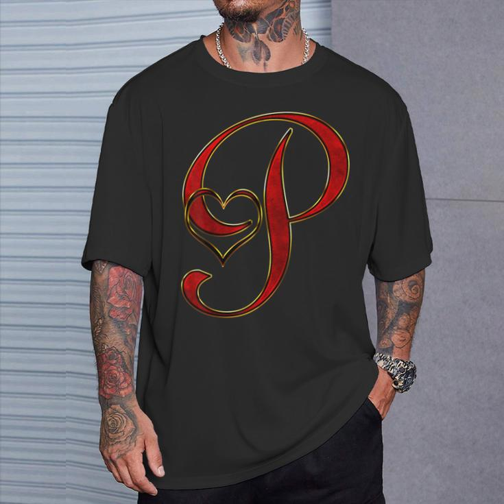 Monogram Initial Letter P Red Heart T-Shirt Gifts for Him