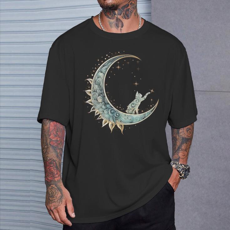 Mystical Aesthetic Cat Sitting On Crescent Moon Lunar Cat T-Shirt Gifts for Him