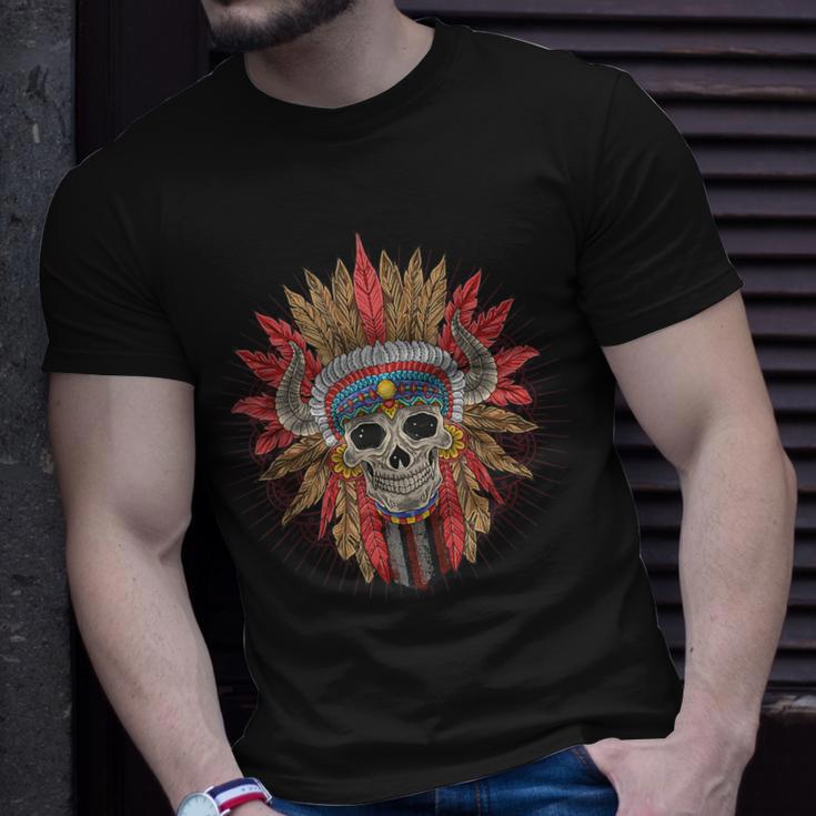 Native American Indian Chief Skull Motorcycle Headdress Red T-Shirt Gifts for Him