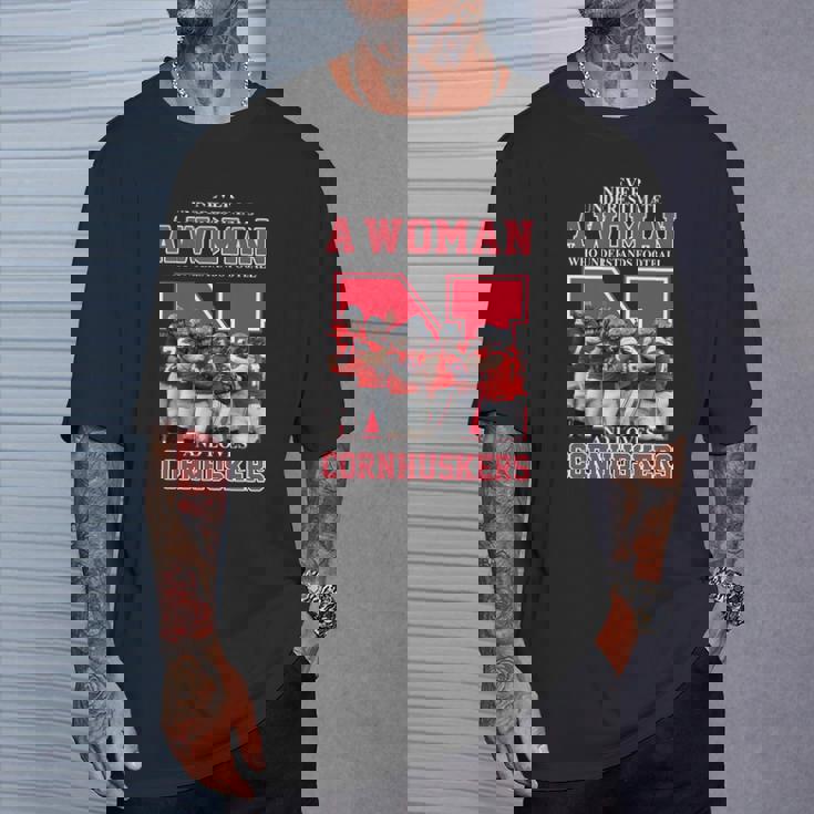 Never Underestimate Awoman Who Understands Football And Loves Cornhuskers T-Shirt Gifts for Him