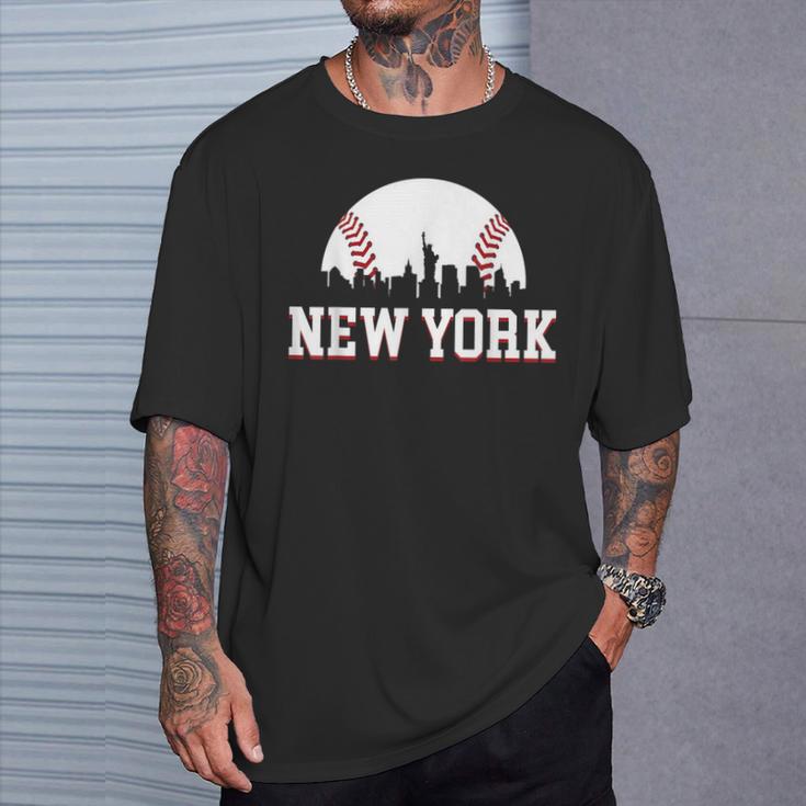 New York City Skyline Downtown Cityscape Baseball Sports Fan T-Shirt Gifts for Him