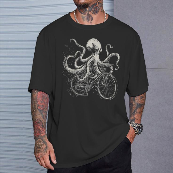 Octopus On Bicycle Cycling Squid Road Bike Cyclist T-Shirt Gifts for Him