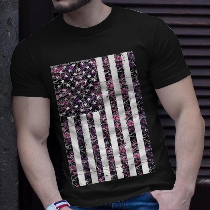 Pink Deer Hunting Camo Camouflage American Flag Back Print T-Shirt Gifts for Him