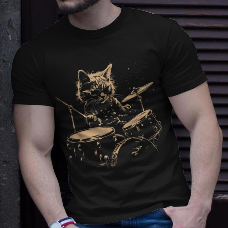 Pop Rock Drummer Cat Kitten Music Playing Drums Music Bands T-Shirt Gifts for Him
