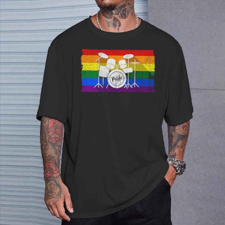 Pride Rainbow Flag Drum Kit Drummer Shadow T-Shirt Gifts for Him