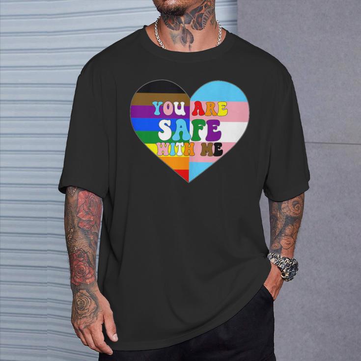 Progress Pride Love Flag Heart Lgbtq You Are Safe With Me T-Shirt Gifts for Him