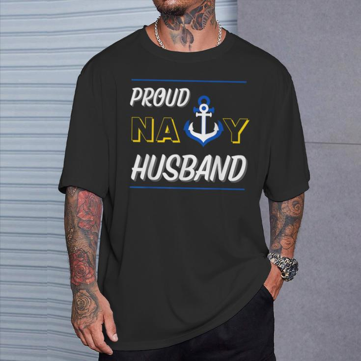 Proud Navy Husband Military Spouse Support Anchor Cute Blue T-Shirt Gifts for Him