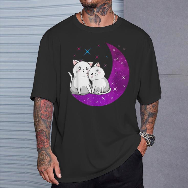 Purple Moon Cats Romantic Fantasy Kawaii Aesthetic Anime Cat T-Shirt Gifts for Him