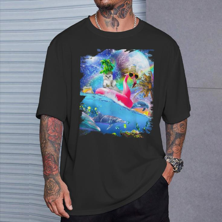 Rainbow Space Galaxy Cat On Flamingo Dolphin T-Shirt Gifts for Him