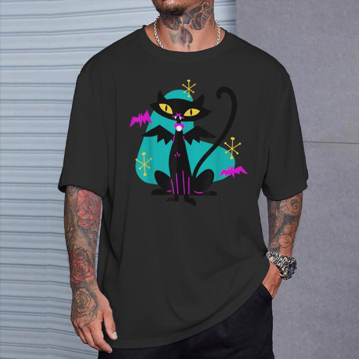 Retro Atomic Age Mid Century Vampire Black Cat W Bat Wings T-Shirt Gifts for Him