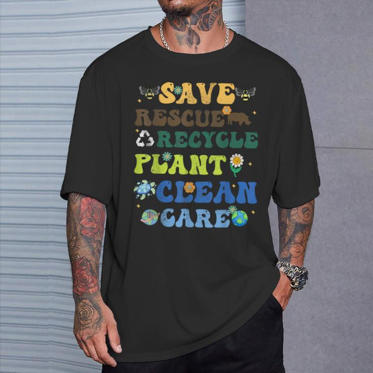 Retro Earth Day Save Bees Rescue Animals Recycle Plastics T-Shirt Gifts for Him