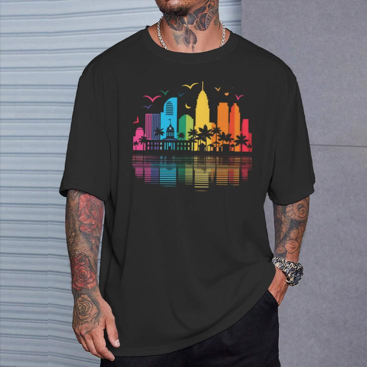 Retro Fort Lauderdale Skyline Rainbow Lgbt Lesbian Gay Pride T-Shirt Gifts for Him