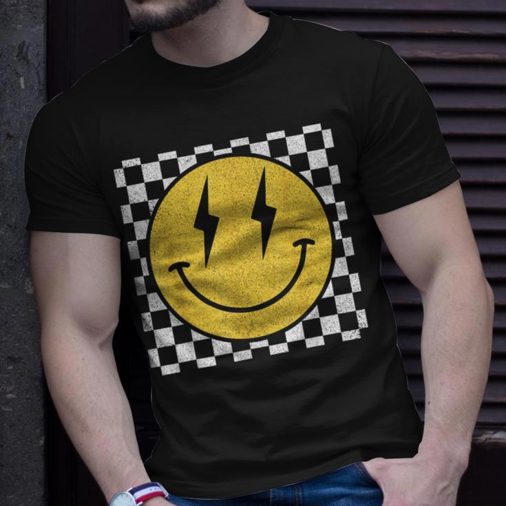 Retro Happy Face Distressed Checkered Pattern Smile Face T-Shirt Gifts for Him