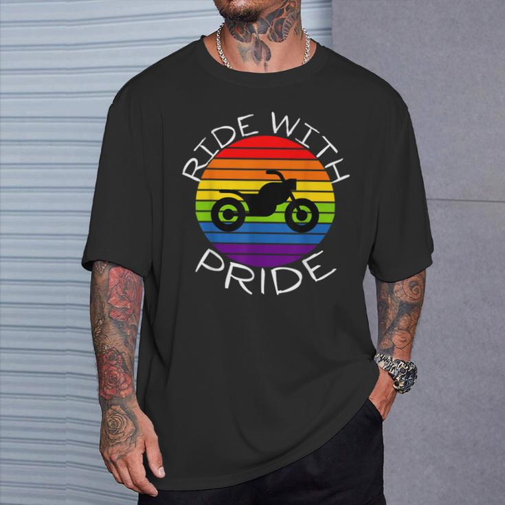 Ride With Pride Gay Bikers Lgbt Month Vintage Retro Rainbow T-Shirt Gifts for Him