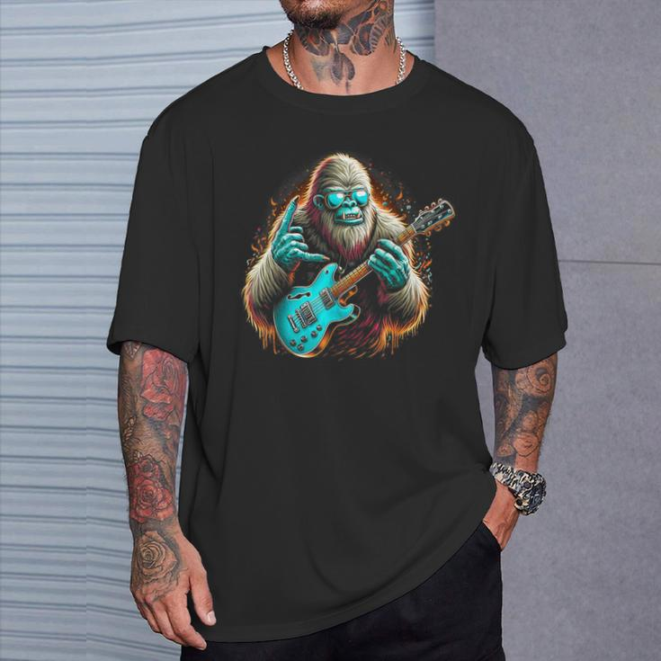 Rock On Bigfoot Playing A Electric Guitar Sasquatch Big Foot T-Shirt Gifts for Him