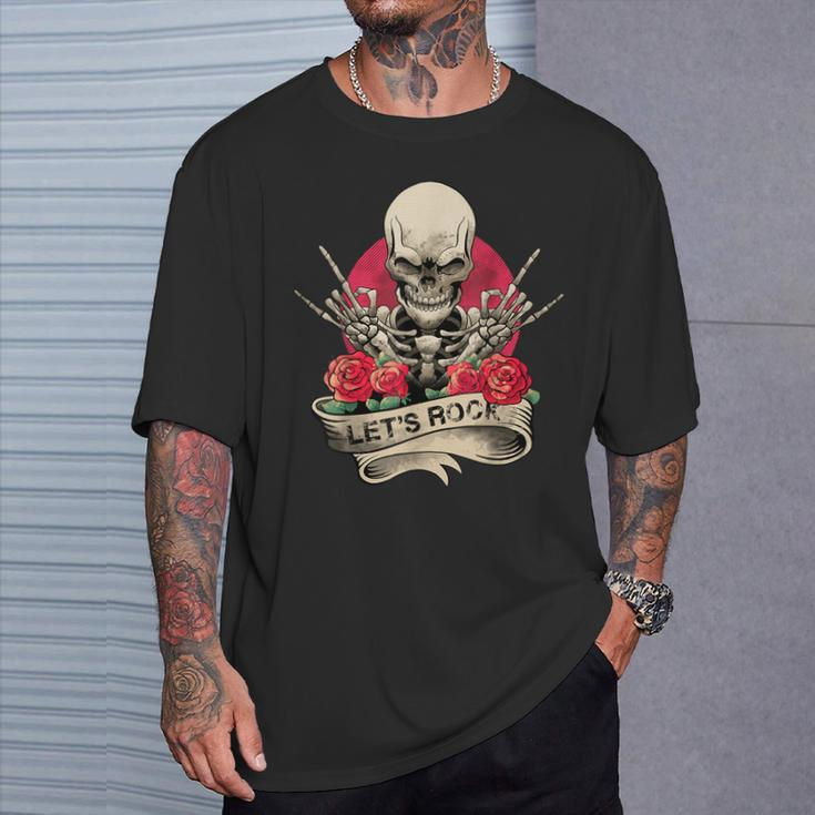 Lets Rock Rock&Roll Skeleton Hand Vintage Retro Rock Concert T-Shirt Gifts for Him