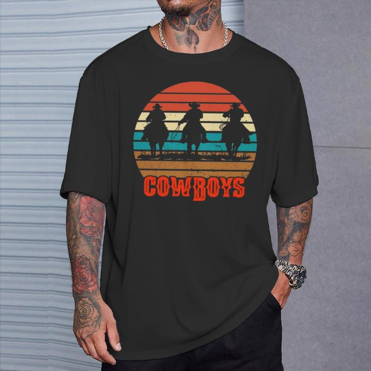 Rodeo Cowboy And Wranglers Bronco Horse Retro Style Sunset T-Shirt Gifts for Him